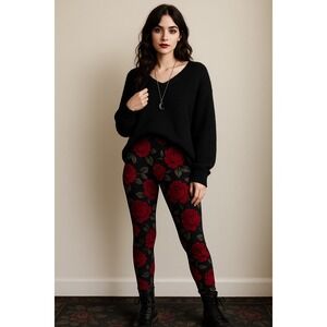 Whimsygoth‎ Dark Floral Rose Leggings S/M Stretch Soft Lounge Pants Fall Winter